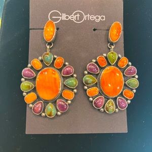 Native American Navajo handmade huge chandelier spiny oyster turquoise earrings